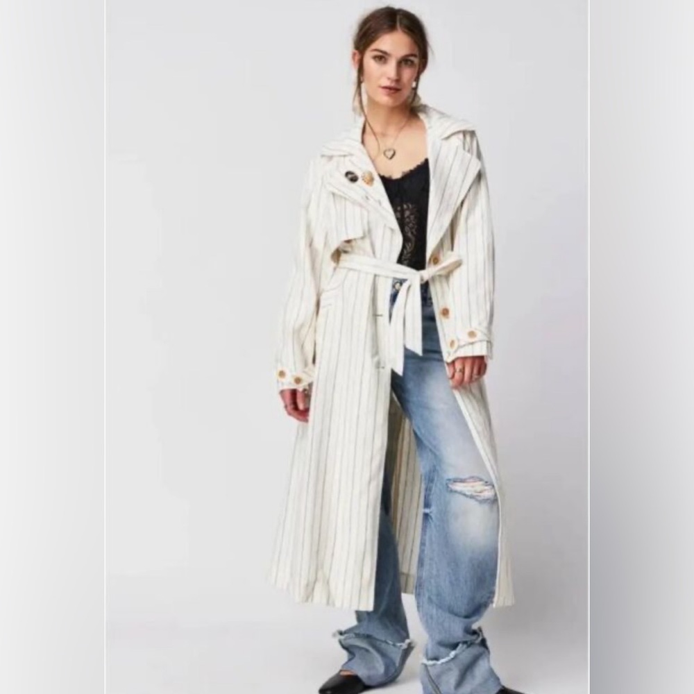 Free People Melia Mac Linen Duster Trench Coat Womens XS White Tan Pinstripe